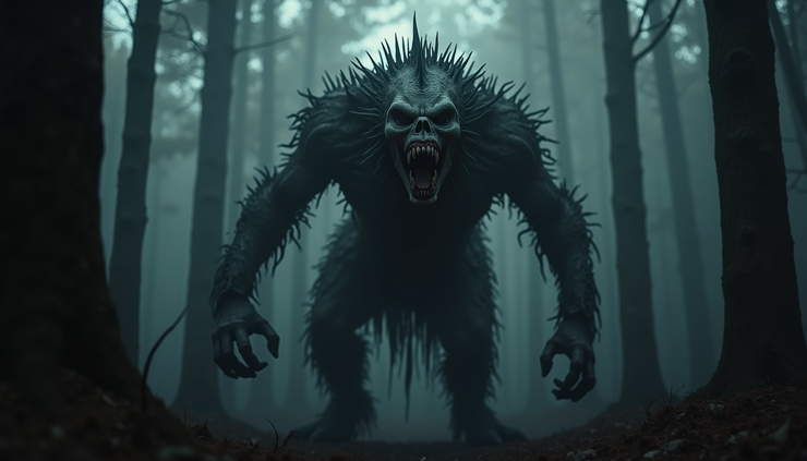 Close-up view of a shadowy, monstrous figure emerging from a dark forest