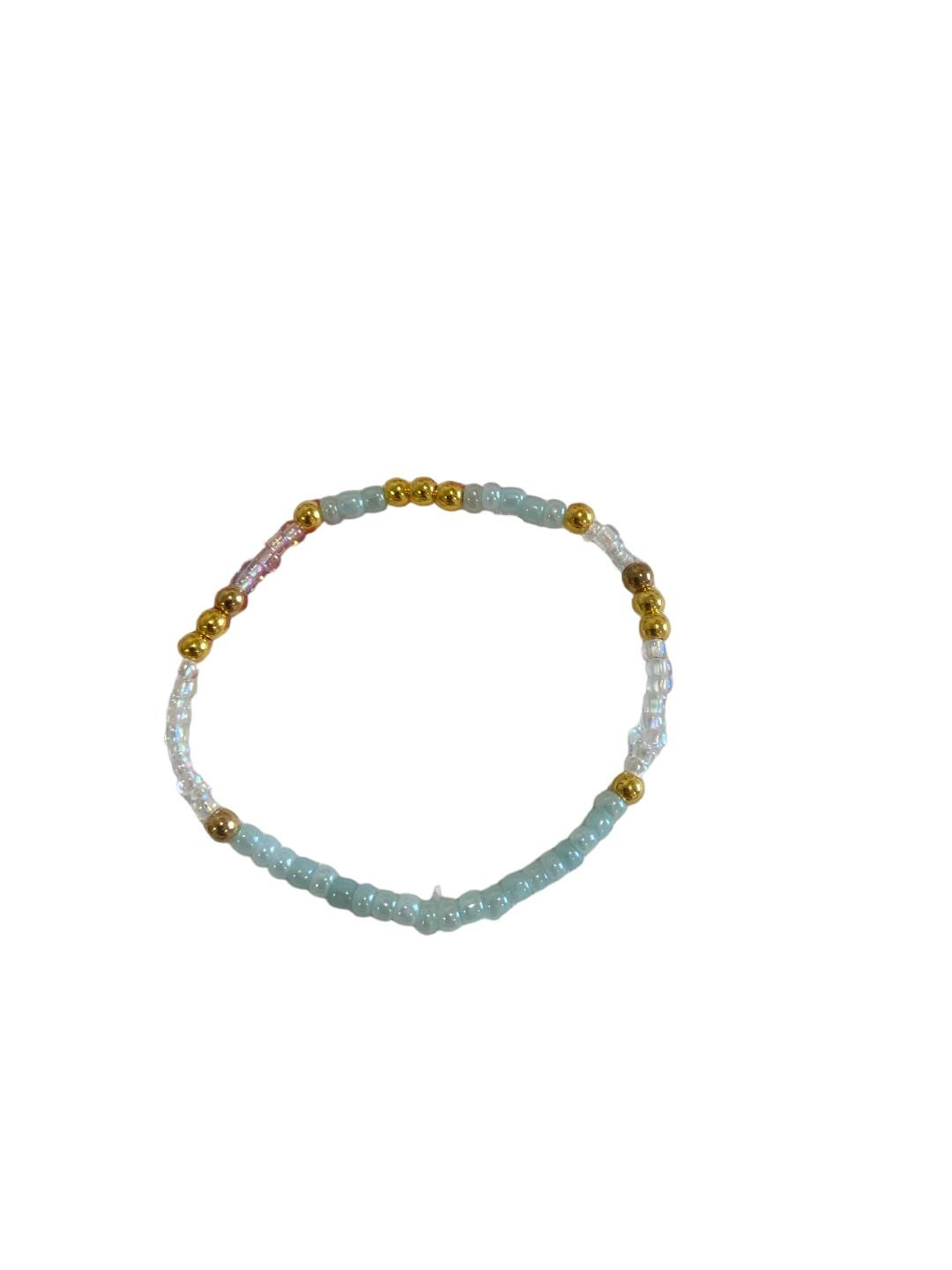 Beaded baby blue, gold & clear bracelet