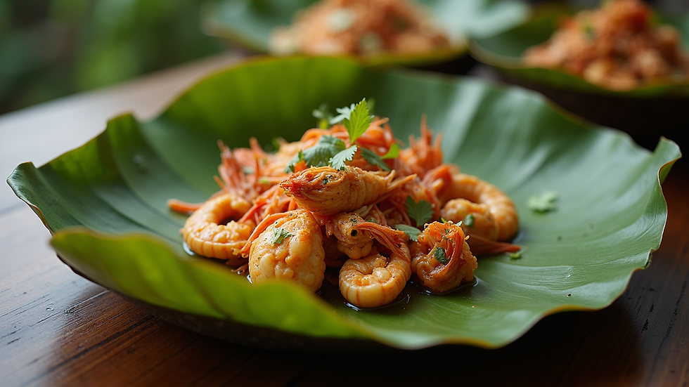 Close-up view of a traditional Kerala seafood meal served on a banana leaf