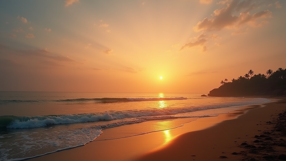 Wide angle view of Varkala Beach at sunset with calm sea and orange sky