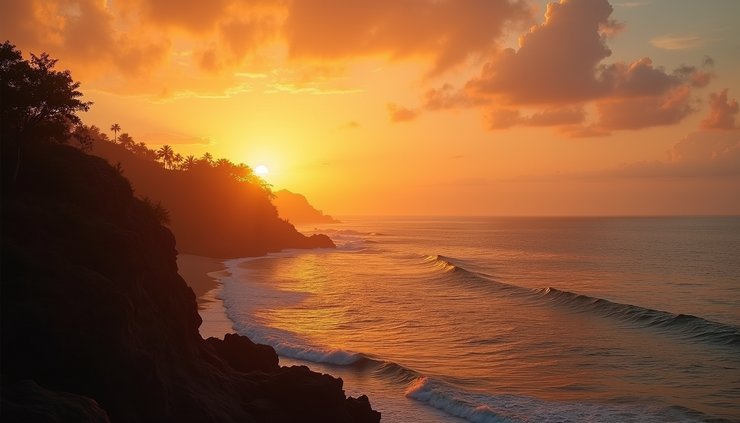 Eye-level view of Varkala Beach cliff at sunset with orange sky and calm sea