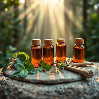 A luxurious and serene composition featuring glass amber essential oil bottles with wooden