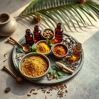 A premium flat lay featuring bowls of Ayurvedic herbal powders (e.g., ashwagandha, moringa