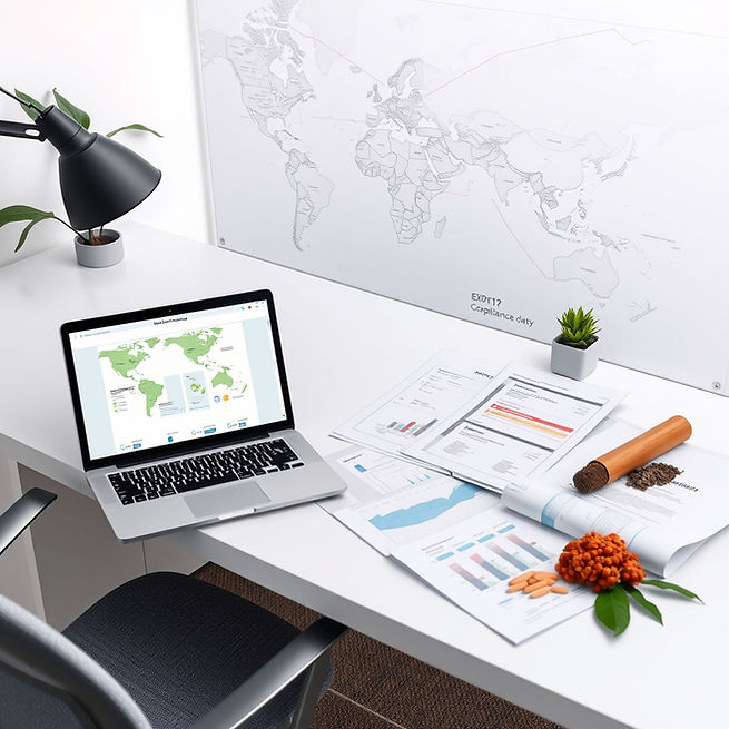 _A clean, modern office desk with a laptop open to global compliance data, a map showing e
