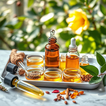 “A modern, natural-scientific flat lay featuring small amber glass bottles and petri dishe
