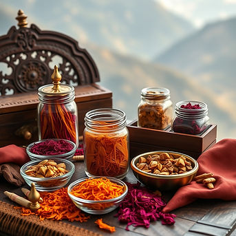 A premium still life featuring small glass jars and bowls filled with saffron threads, man