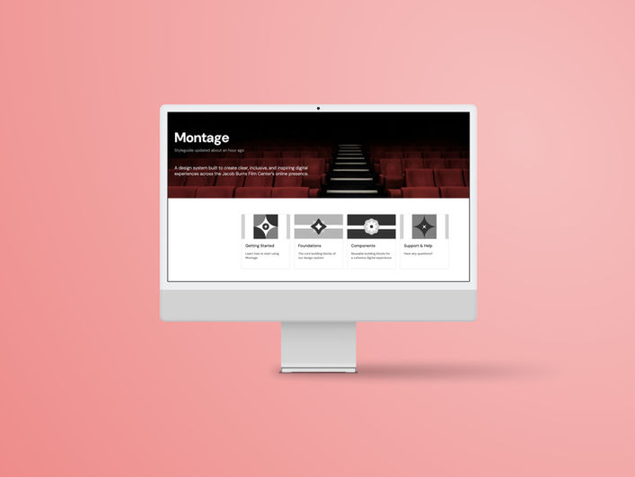 Desktop screen showing a maroon, black and white display of Montage's website.