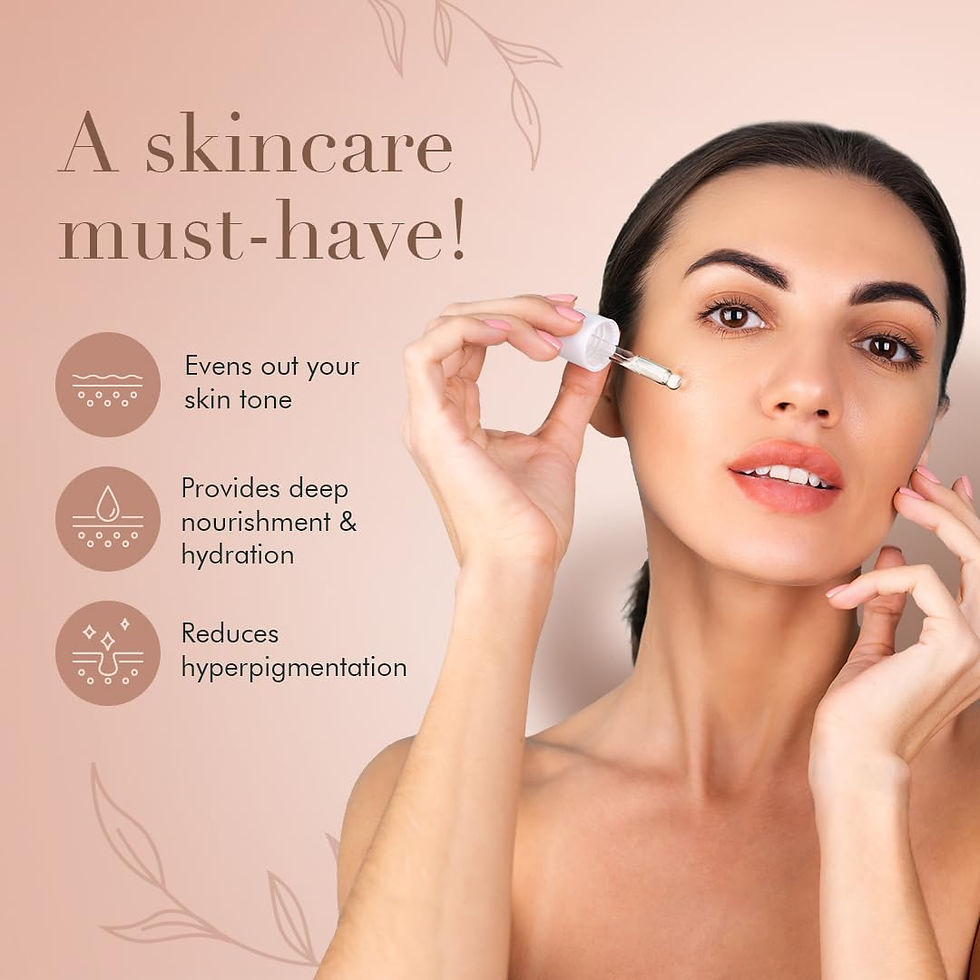 Woman applying skincare serum, text reads "A skincare must-have!" with benefits: evens skin tone, nourishes, and reduces hyperpigmentation.
