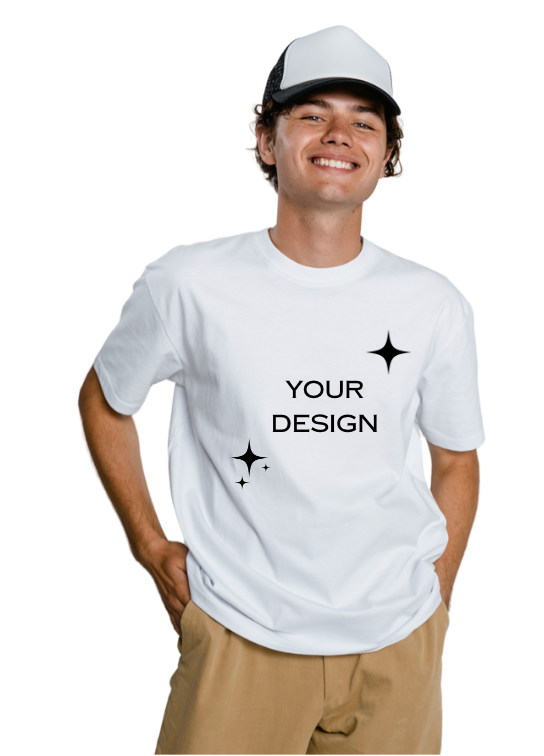 Man in white "YOUR DESIGN" t-shirt