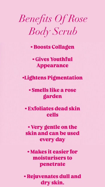 Thumbnail: Pink poster with text listing benefits of rose body scrub: boosts collagen, youthful appearance, lightens pigmentation, exfol