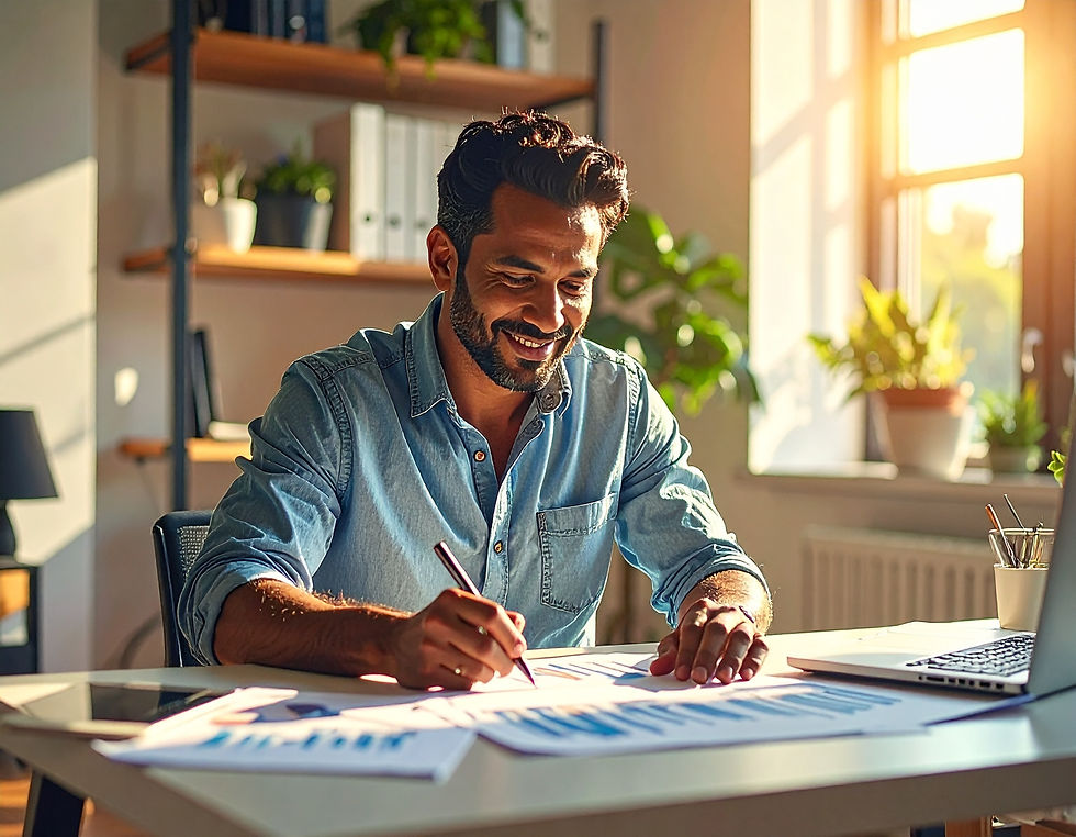 A professional male working in a state of flow analyzing graphs in his home office.