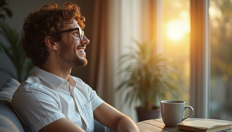 35-year old working professional working remotely from home, after practicing a BE LIGHT Quick Energizer Session. Warm light creates a peaceful mood.