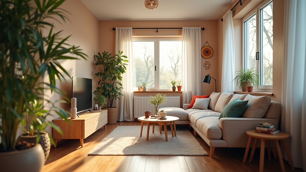 Eye-level view of a cozy shared living space with colorful decor