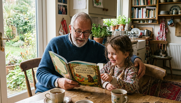 Wide-angle view of a child and grandparent reading at a kitchen table