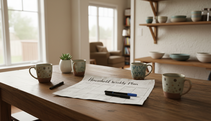 Wide-angle view of a shared kitchen table with notebooks, mugs, and a simple household planning sheet.