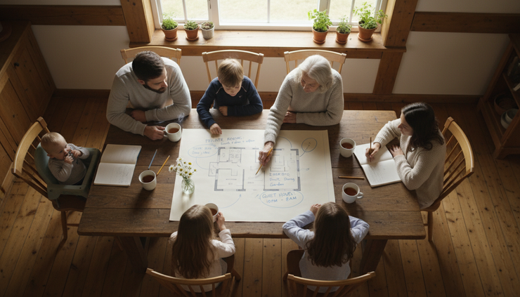 Overhead view of a family table with notes about privacy, shared rooms, and quiet time.