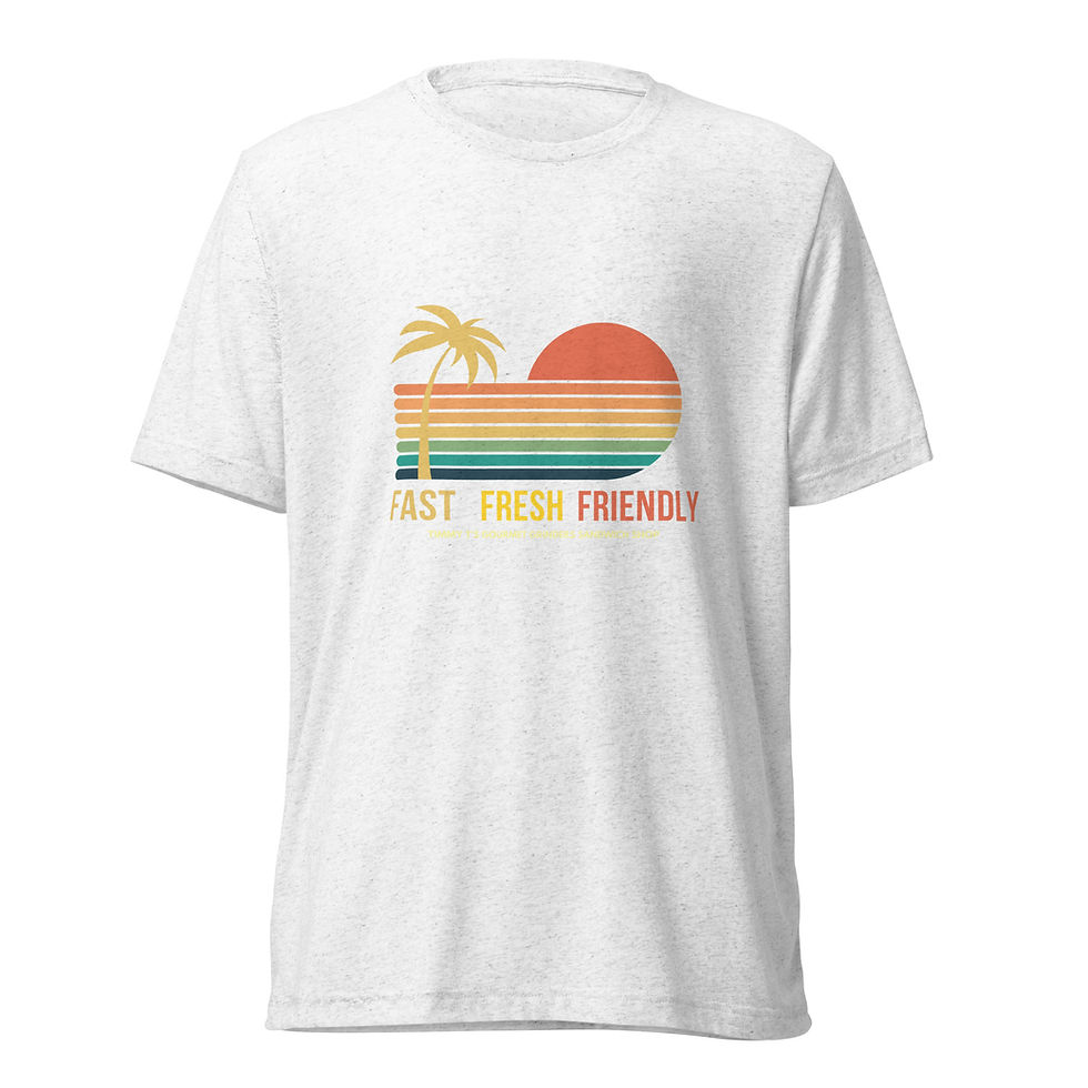 Thumbnail: Timmy T's Sandwich Shop for Catering and Delivery Merch Short Sleeve T-Shirt Fast Fresh and Friendly in Off White Front View