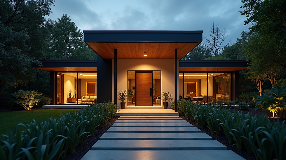 Eye-level view of a modern home with a well-lit entrance