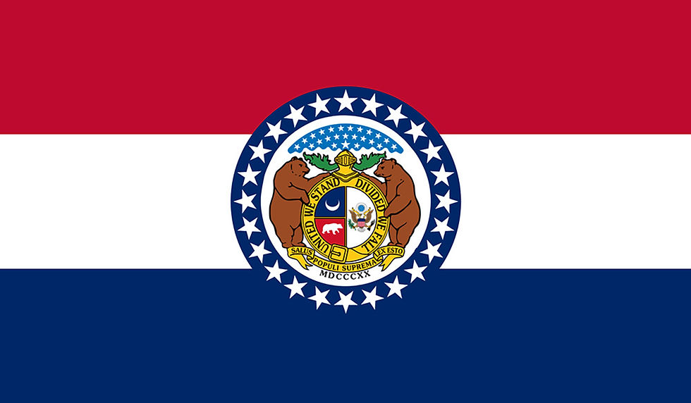 Missouri State Flag: 2 brown bears hold a golden ring with a knights helmet on top an the motto "United we stand, divided we fall" encircling the ring, surrounded by a blue band with 24 white stars on a background with 3 Bold stripes, red, white & blue