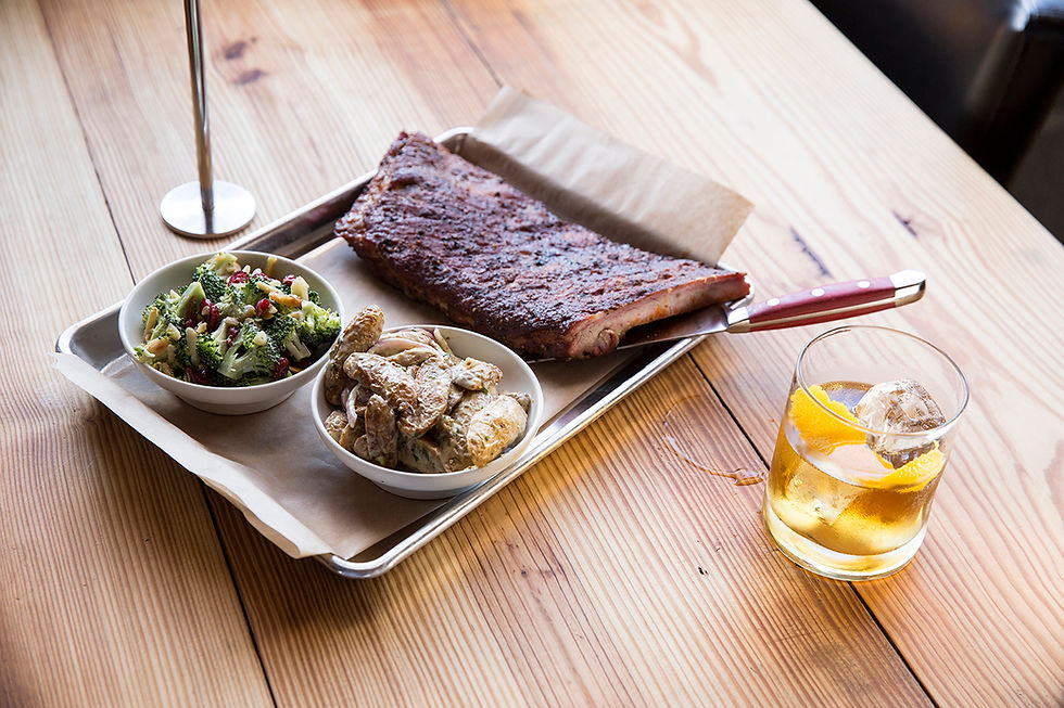 St. Louis Ribs with Broccoli Salad & Roasted Potato Salad and a glass of bourbon at Mary Jane Bourbon & Smokehouse