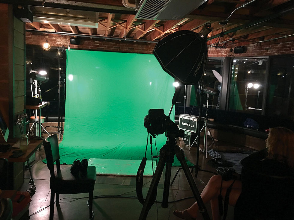 photo shoot set up cameras lights shades and greenscreen at Mary Jane Bourbon and Smokehouse