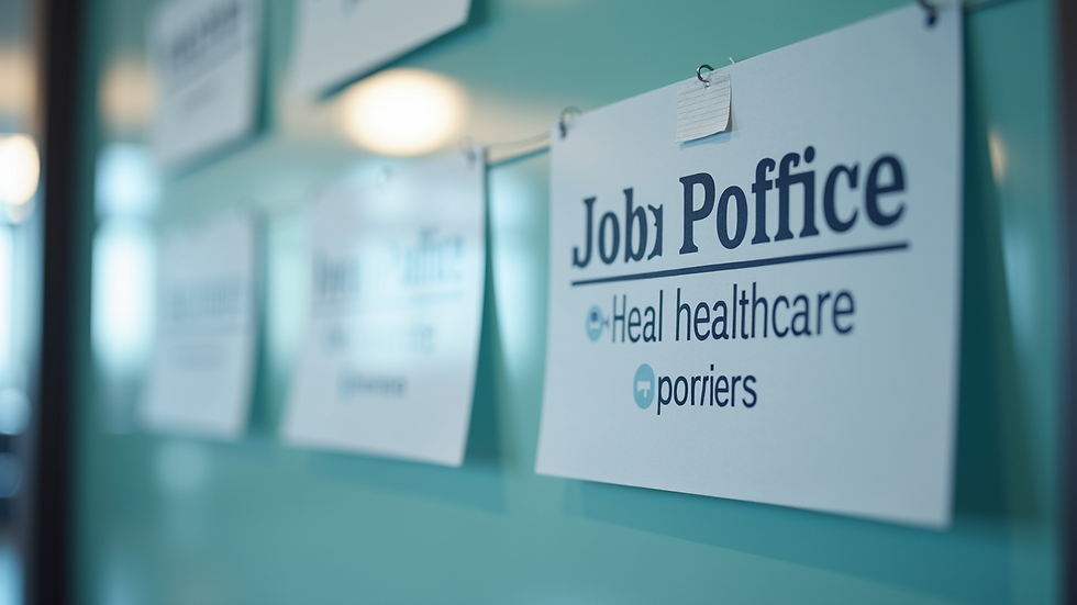 Close-up view of a recruitment board with healthcare job postings