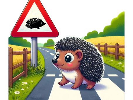 A cartoon hedgehog crossing a road