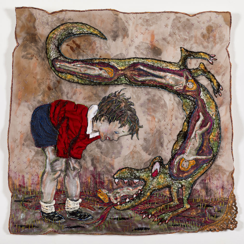 Hand stitched with applique on vintage linen dyed with black walnut and eco dyed. Little boy bends over fascinated by a crocodile like beast that has four little girls in it.