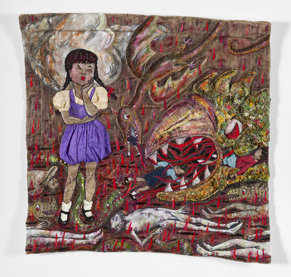 Hand stitched on vintage linen dyed with black walnut. Little girl surrounded by corpses contemplates a beast with boys in its beak