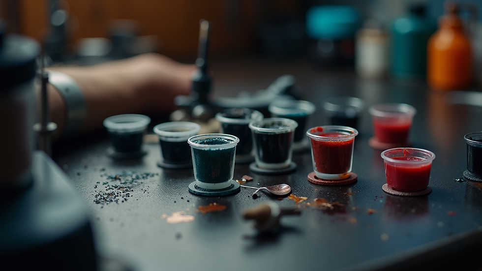 Close-up view of a tattoo machine and ink cups ready for a custom tattoo session