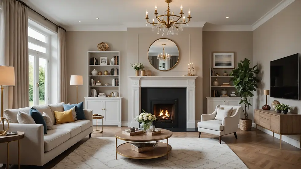 Eye-level view of a beautifully staged living room with elegant decor