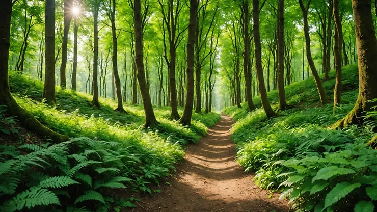 Eye-level view of a forest trail winding through lush greenery