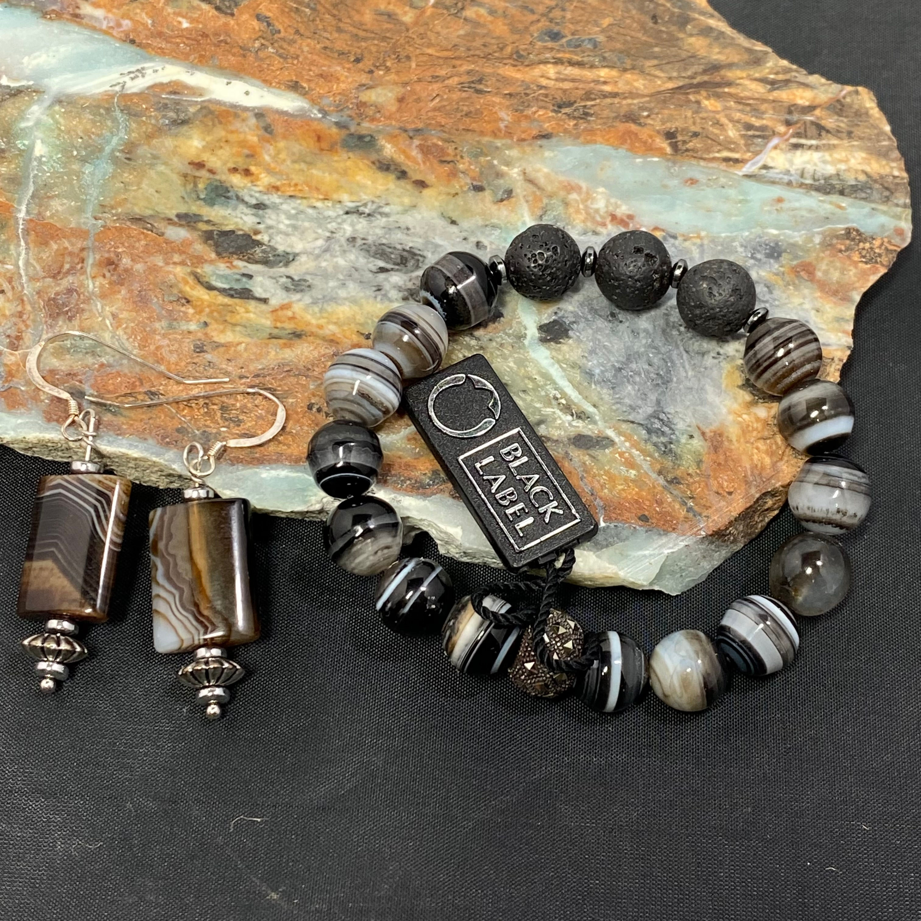Banded Agate Bracelet with Sterling Silver Accent Charm and Matching Earrings