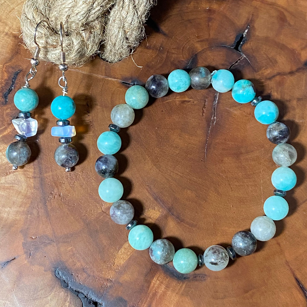 Thumbnail: Amazonite  with Rainbow Moonstone Bracelet with matching Earrings