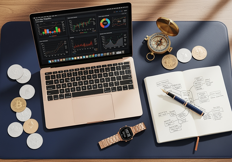 Professional workspace composition showcasing strategic business expertise. Overhead view of a meticulously arranged desk surface featuring a rose gold MacBook displaying financial analytics, a deep navy leather desk pad, cryptocurrency tokens, a vintage brass compass, an elegant rose gold and navy blue fountain pen, a white notebook with strategic mind map sketches, and a minimalist digital watch. The image represents professional planning, strategic thinking, and premium business expertise, with soft natural lighting and high-resolution details emphasizing texture and quality.