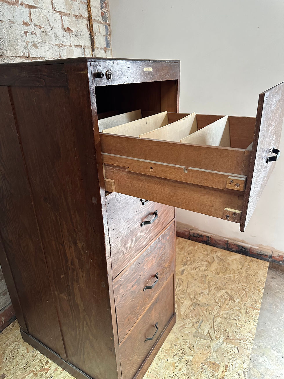 Thumbnail: PAIR of Vintage Stained Wooden 4 Drawer Filing Cabinet -WITHY GROVE STORES Maker