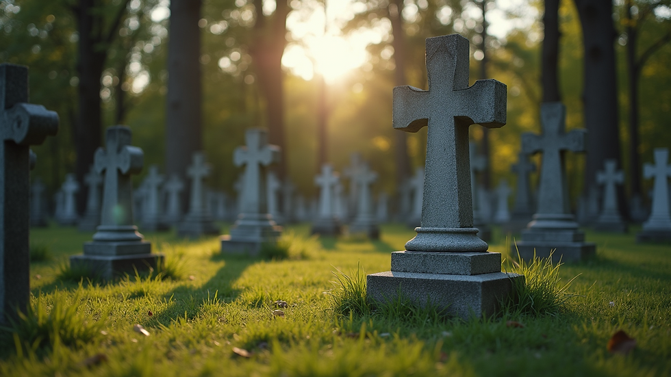 Eye-level view of a cemetery with trees in the background
