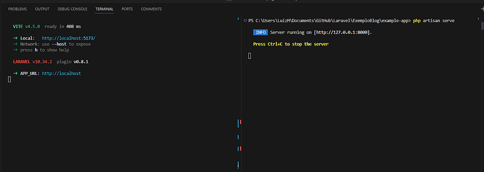 Terminal duplo mostrando a execução do "npm run dev" e do "php artisan serve"