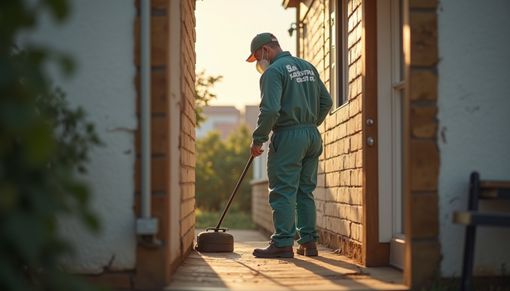 Eye-level view of a pest control technician inspecting a residential property in Tongaat