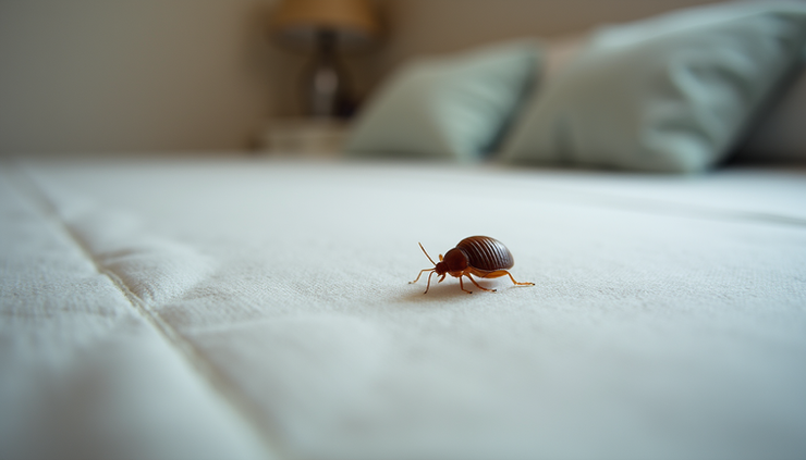 Close-up view of a bed bug on a mattress seam in a residential bedroom in Ballito