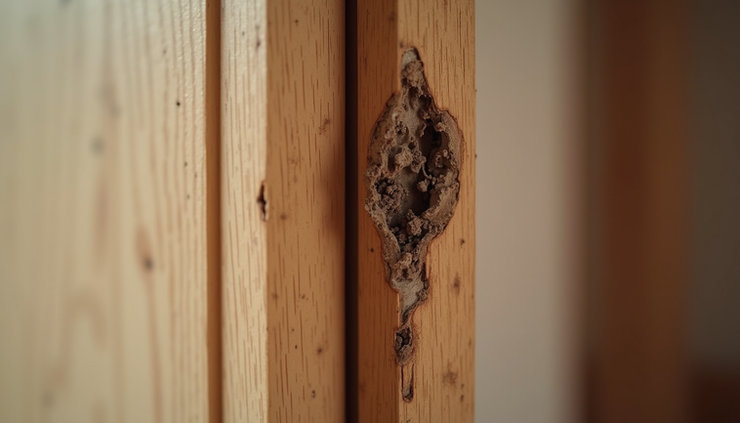Eye-level view of termite damage on wooden door frame in a residential home in Tongaat