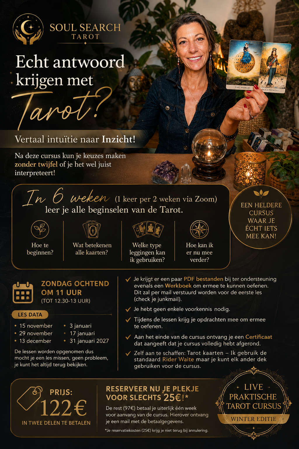 Tarotkaart met gouddetail uit het deck dat tijdens de cursus gebruikt wordt