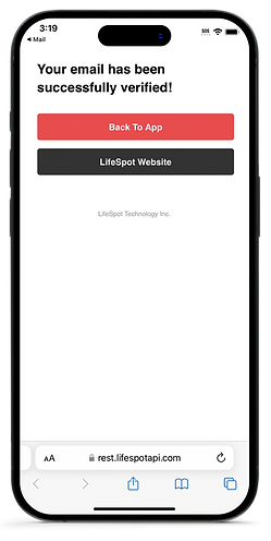 LifeSpot Responder app - email verification success