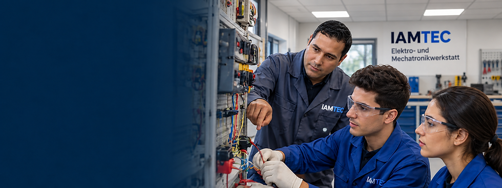 Praktische Vorbereitung in der IAMTEC-Werkstatt in Fès: Ausbilder und Teilnehmende an einer elektrotechnischen Übungsanlage.