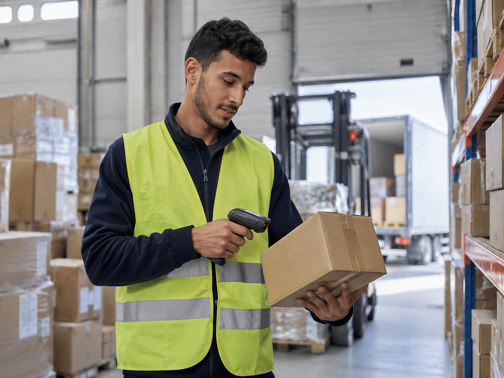 Lager-Fachkraft scannt Paket im Logistikzentrum