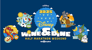 Cartoon characters with medals on a blue Disney Wine & Dine Half Marathon Weekend 2024 logo. Bright, cheerful design with playful motifs.