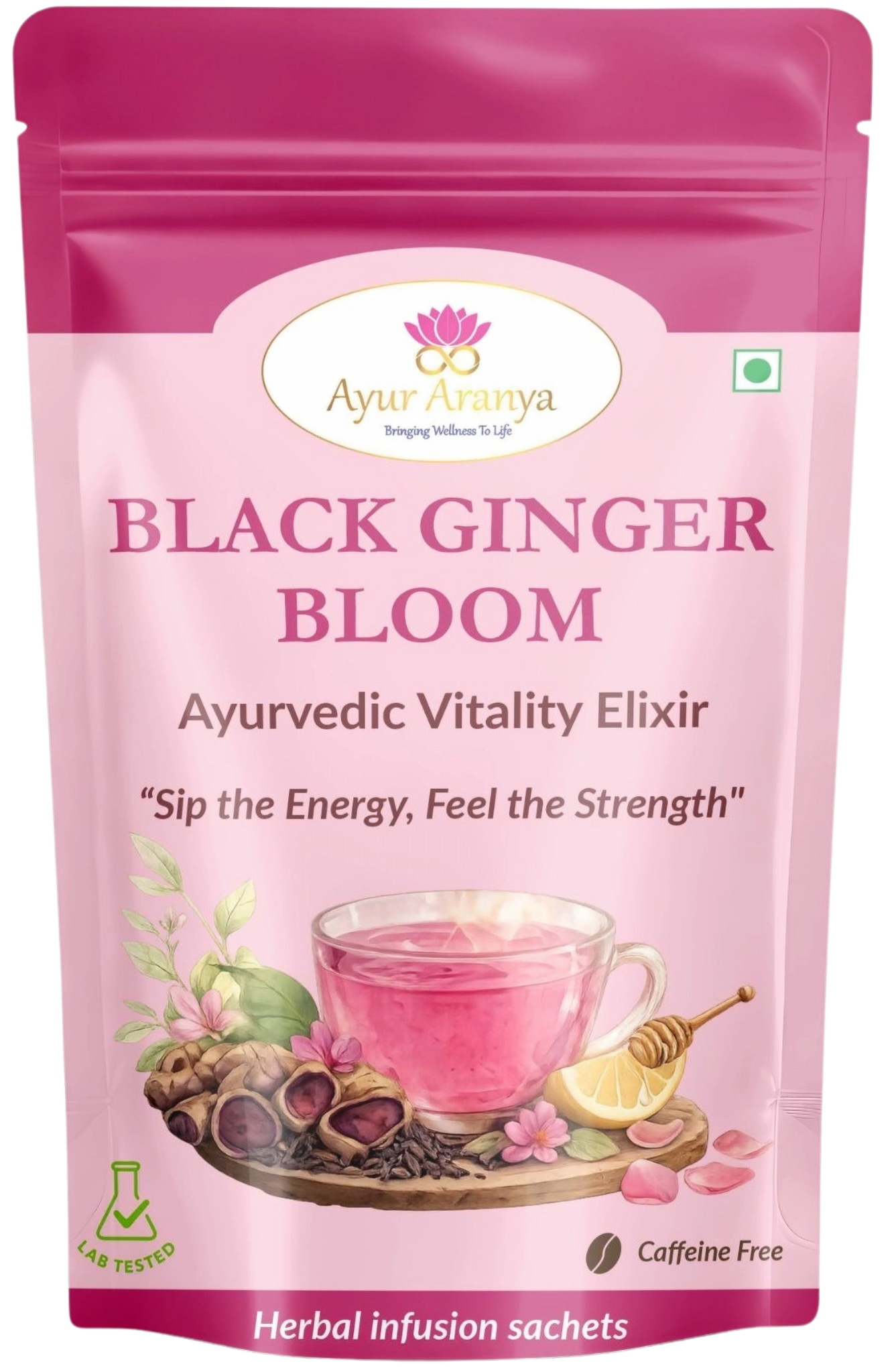 Black Ginger Bloom herbal tea pouch by Ayur Aranya