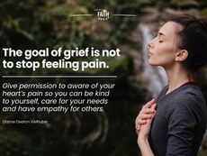Woman with eyes closed, hand on heart, by a blurred stream; text says grief should not stop pain.