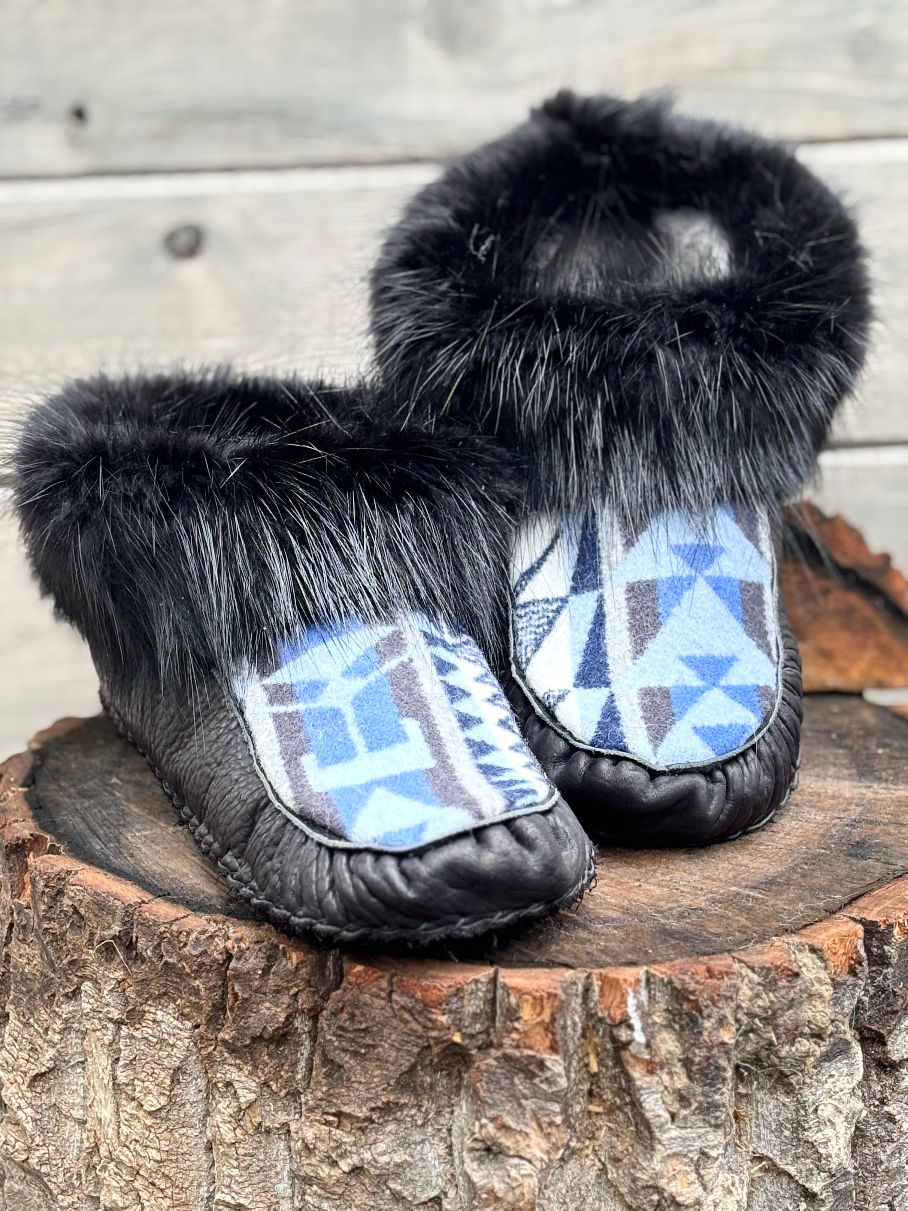 Moccasins, black bison hide, Pendleton wool & dyed black beaver