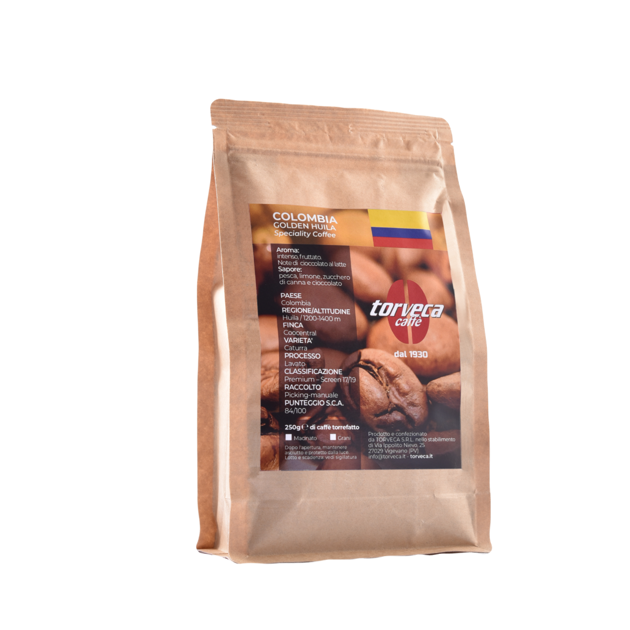 Caffè, Monorigine, Colombia, Golden Huila, Grani, Macinato, Sacchetto stand-up, zip, specialty, Altitudine, artigianale